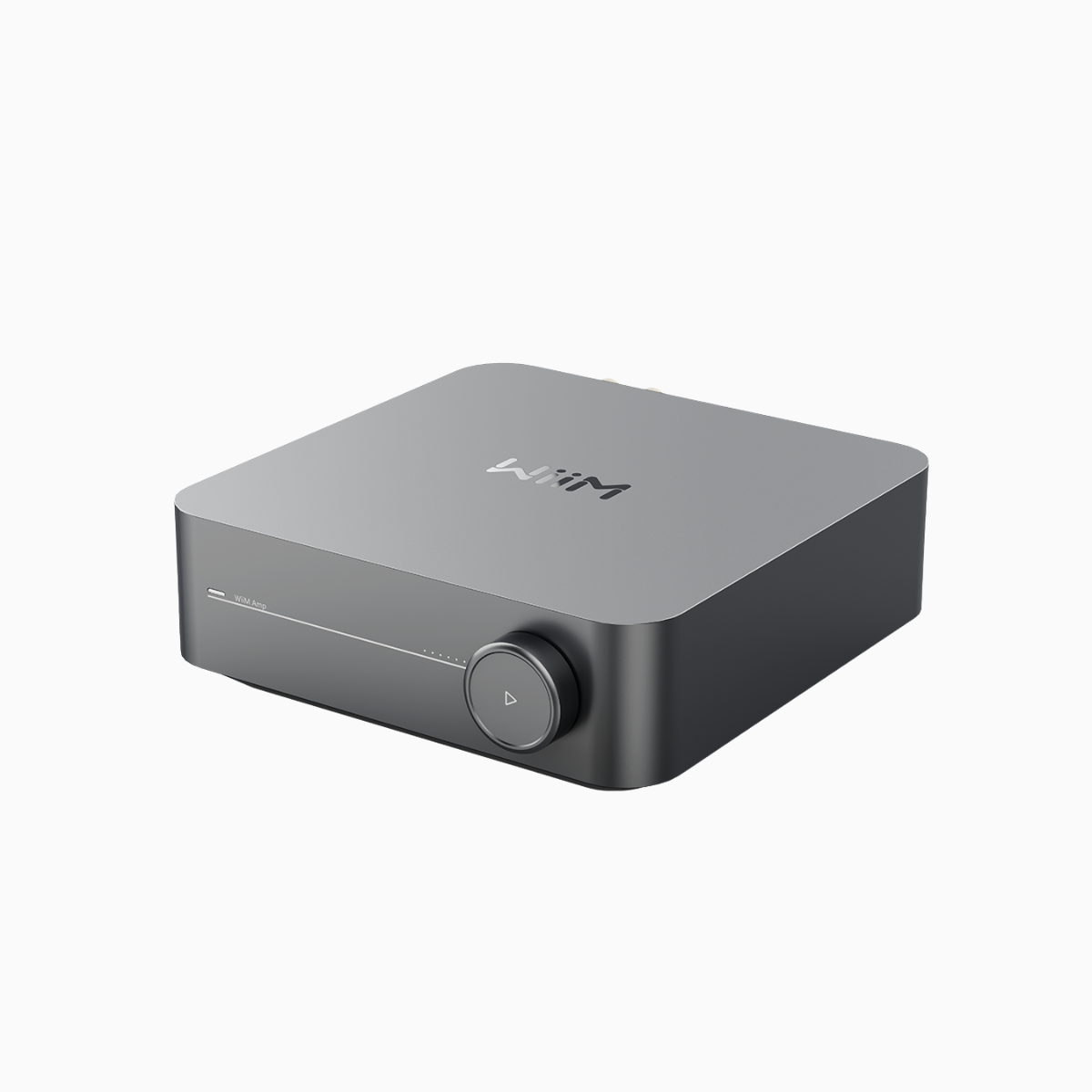 Gray electronic device with a brand logo on a white background