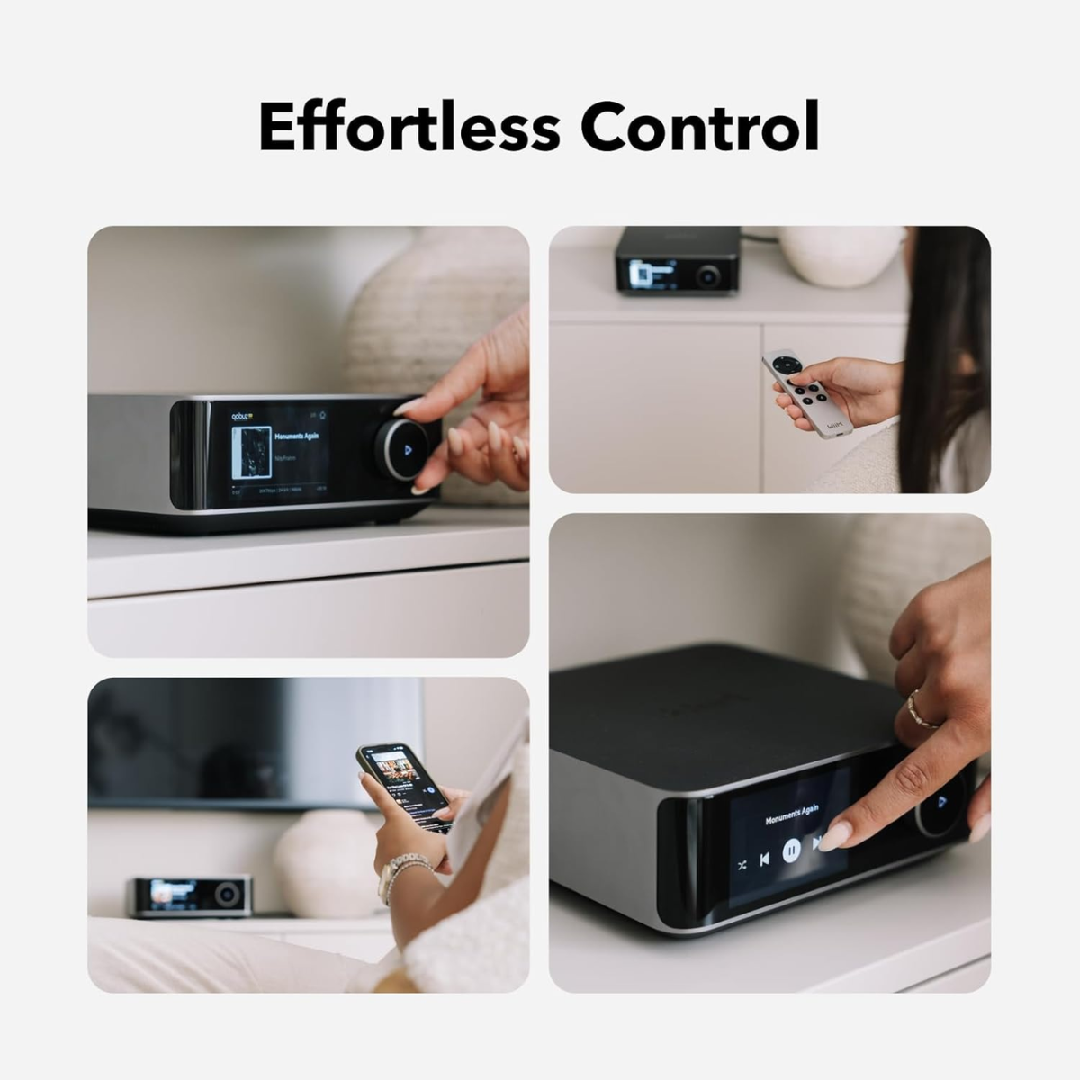 Collage of a device with control interfaces including remote, smartphone, and touch panel.