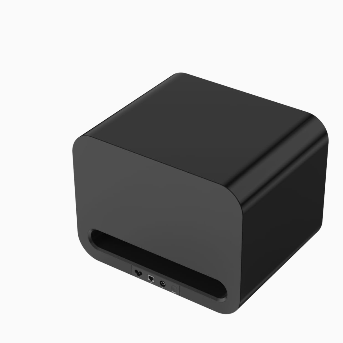 Black rectangular electronic device on a white background