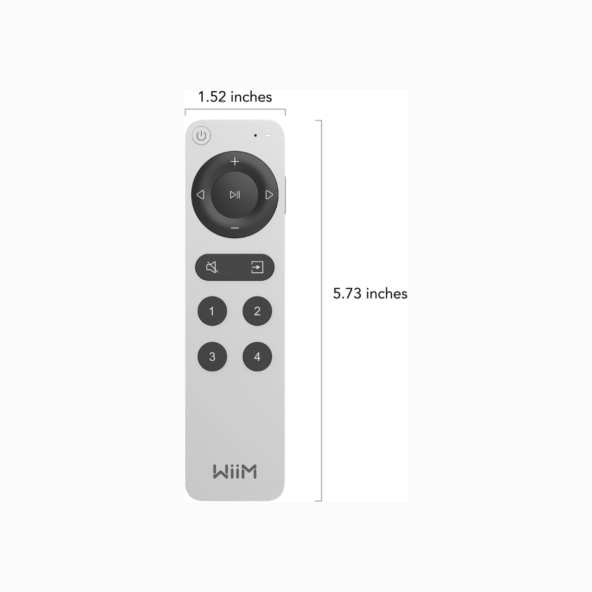 White remote control with dimensions labeled on a white background