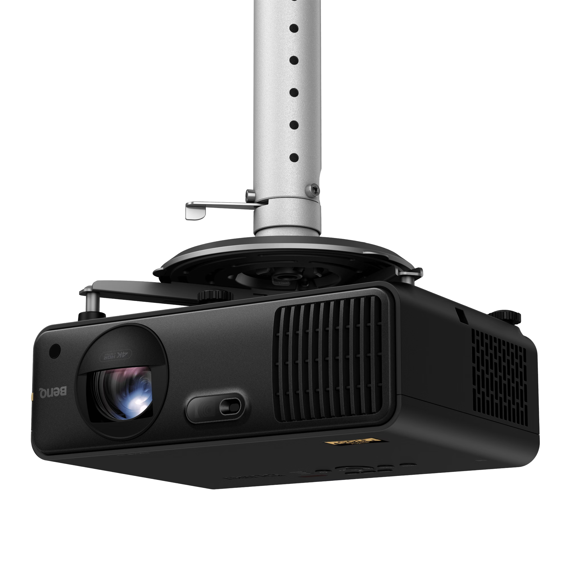 Black projector with ceiling mount on a white background