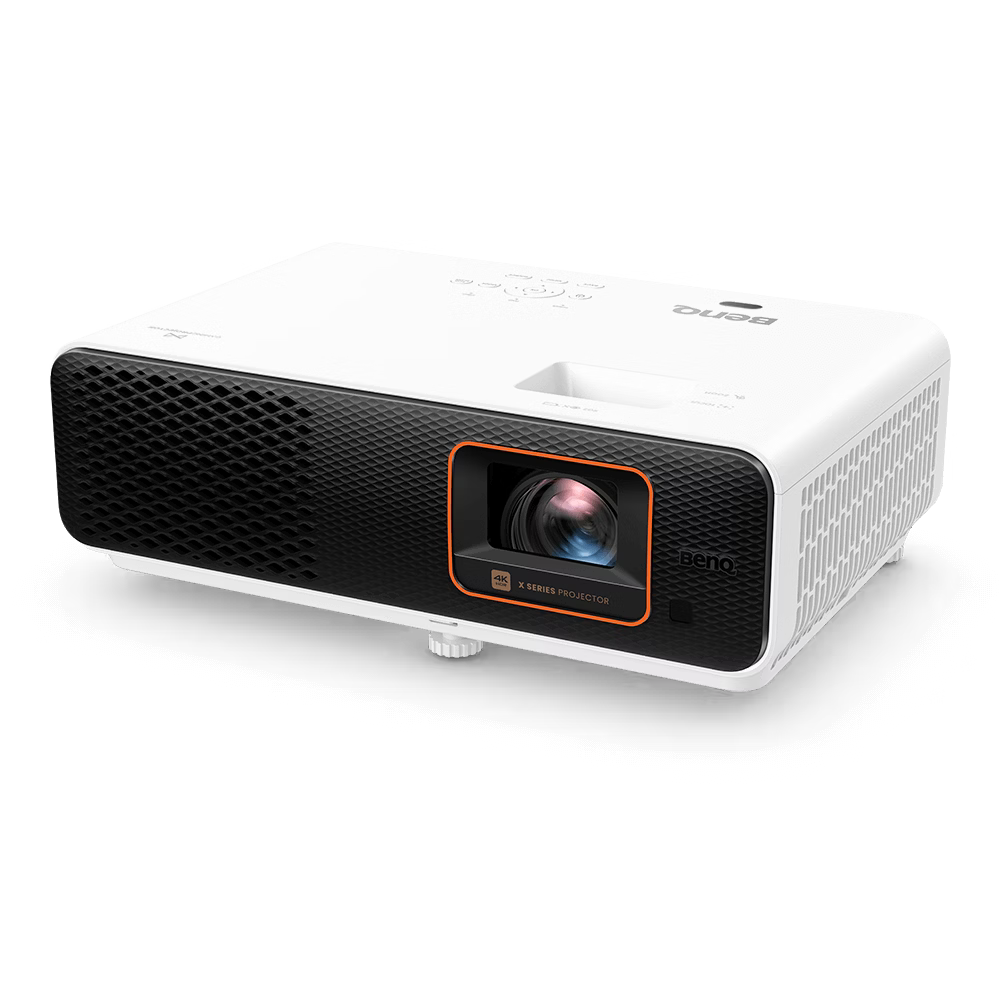 White projector with black accents on a white background