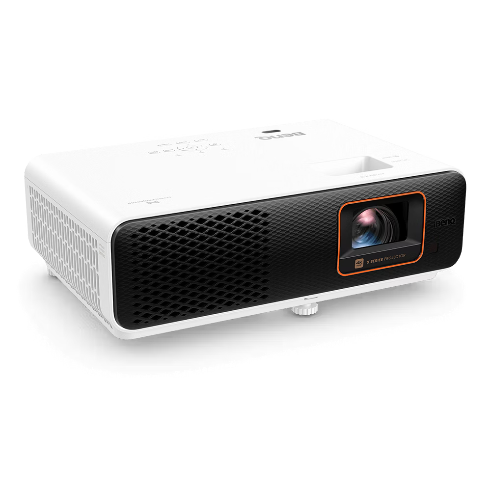 White projector with black front panel on a white background