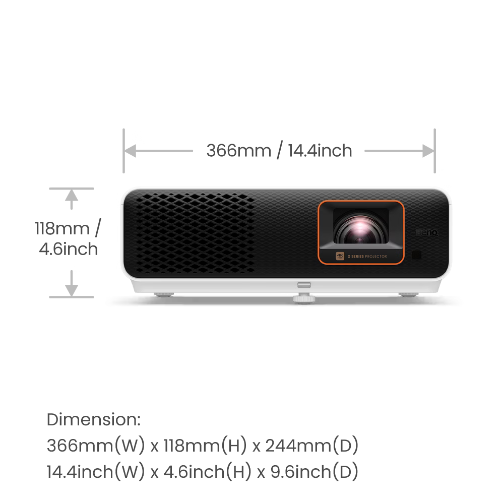 Projector with specifications on a white background