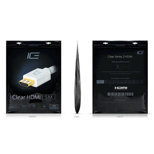 HDMI cable packaging with front, side, and back views on a white background