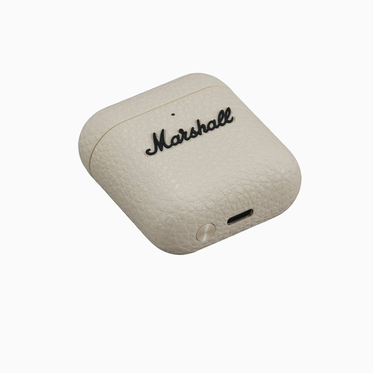 Beige Marshall wireless earbuds case on a white background