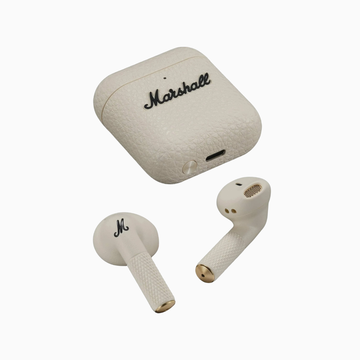 Beige wireless earbuds with Marshall logo on a white background