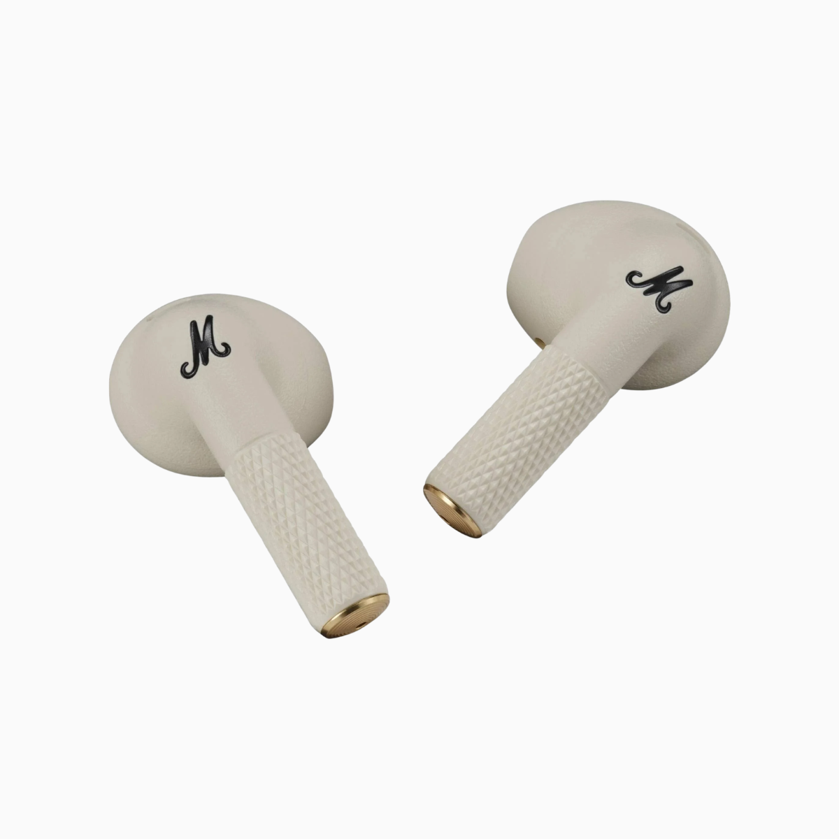 Pair of beige maracas with black 'M' logo on a white background