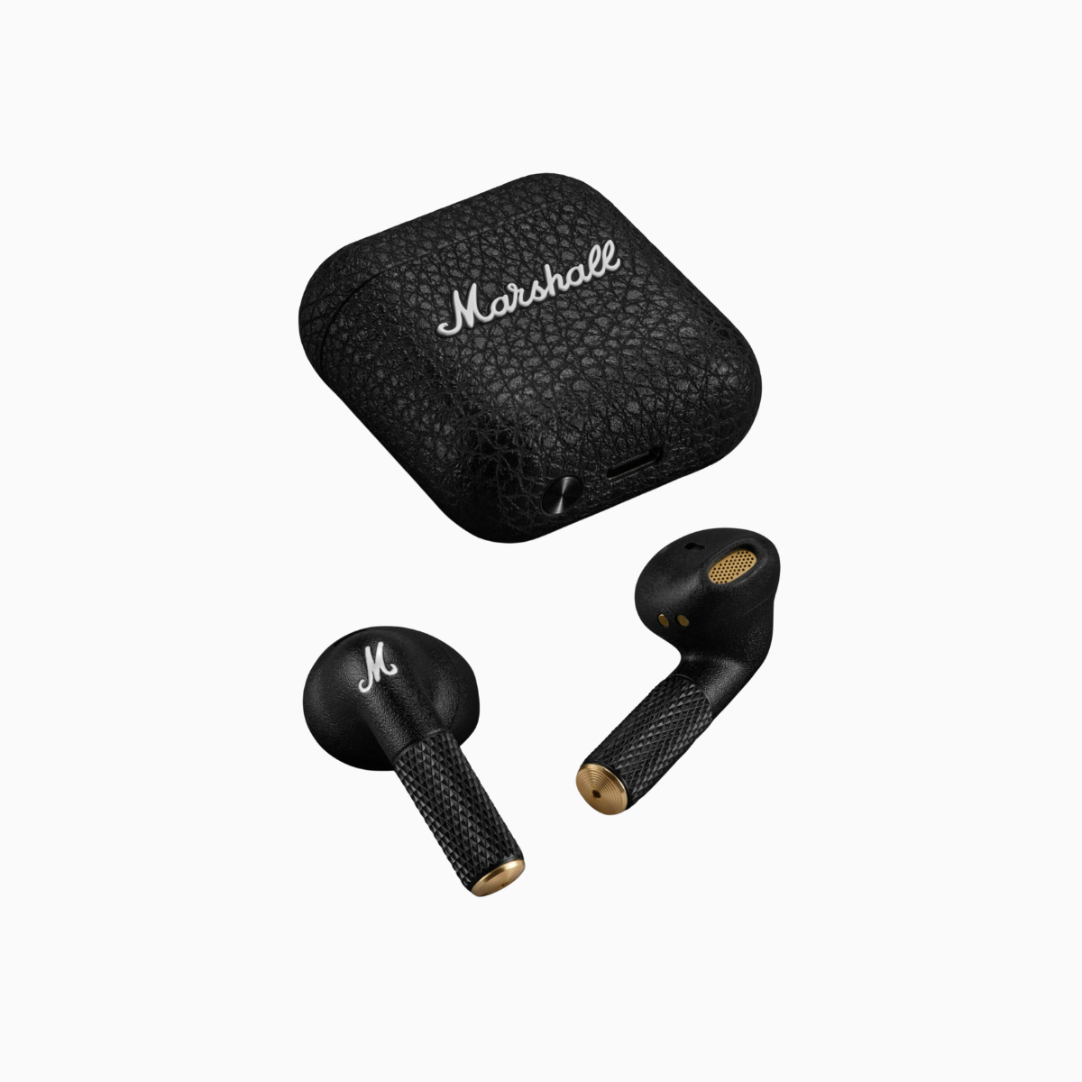 Black wireless earbuds with Marshall logo on a white background