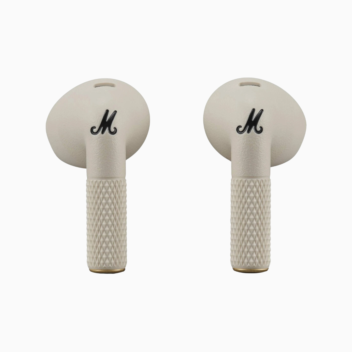 Pair of beige earbuds with a textured design on a white background