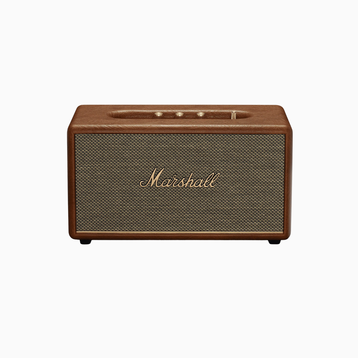 Marshall speaker with brown finish on a white background
