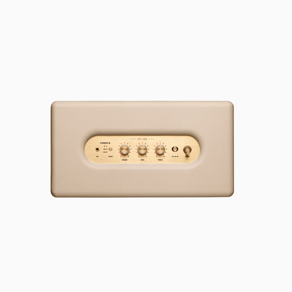 Beige wall-mounted control panel with gold accents on a white background