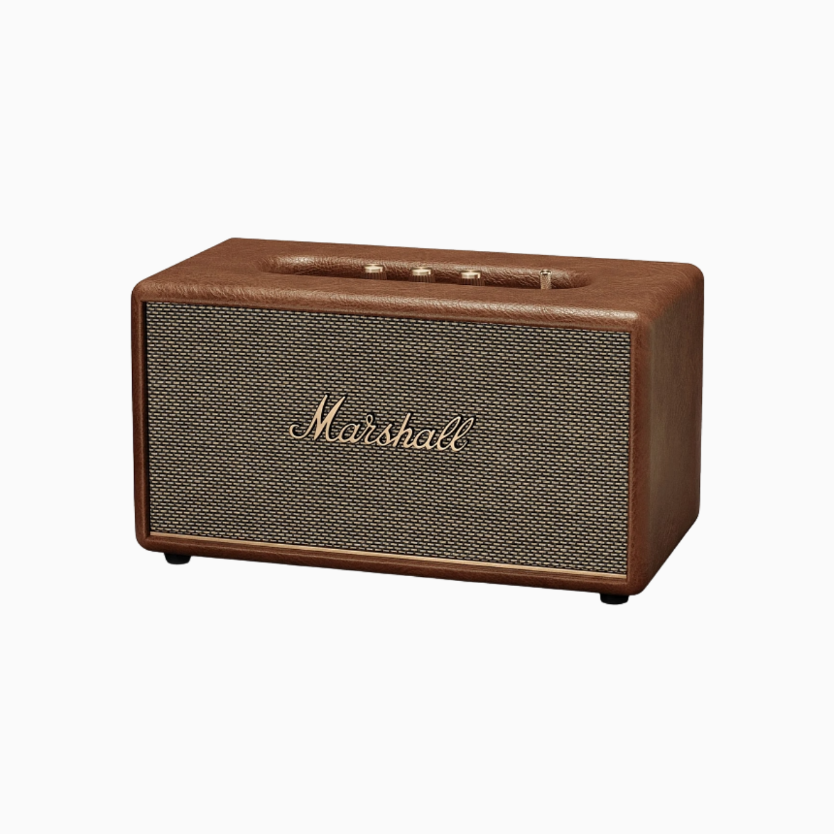 Marshall speaker with brown leather exterior and mesh front on a white background