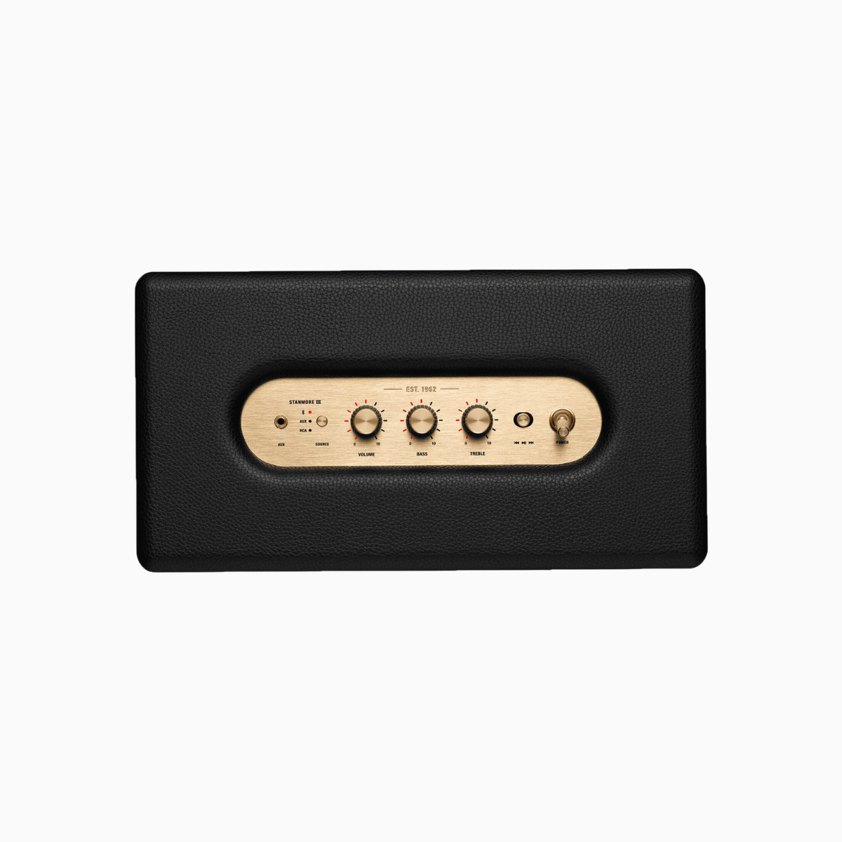 Black electronic device with gold control panel on a white background