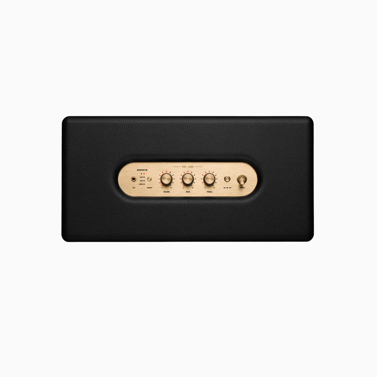 Black rectangular electronic device with gold control panel on a white background