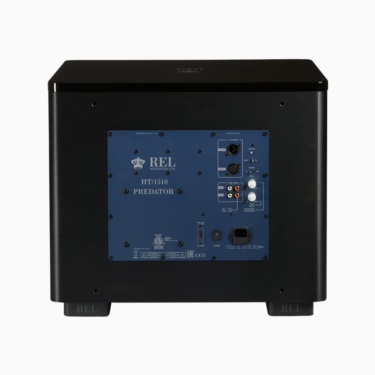 Back view of a black audio subwoofer with blue label on a white background