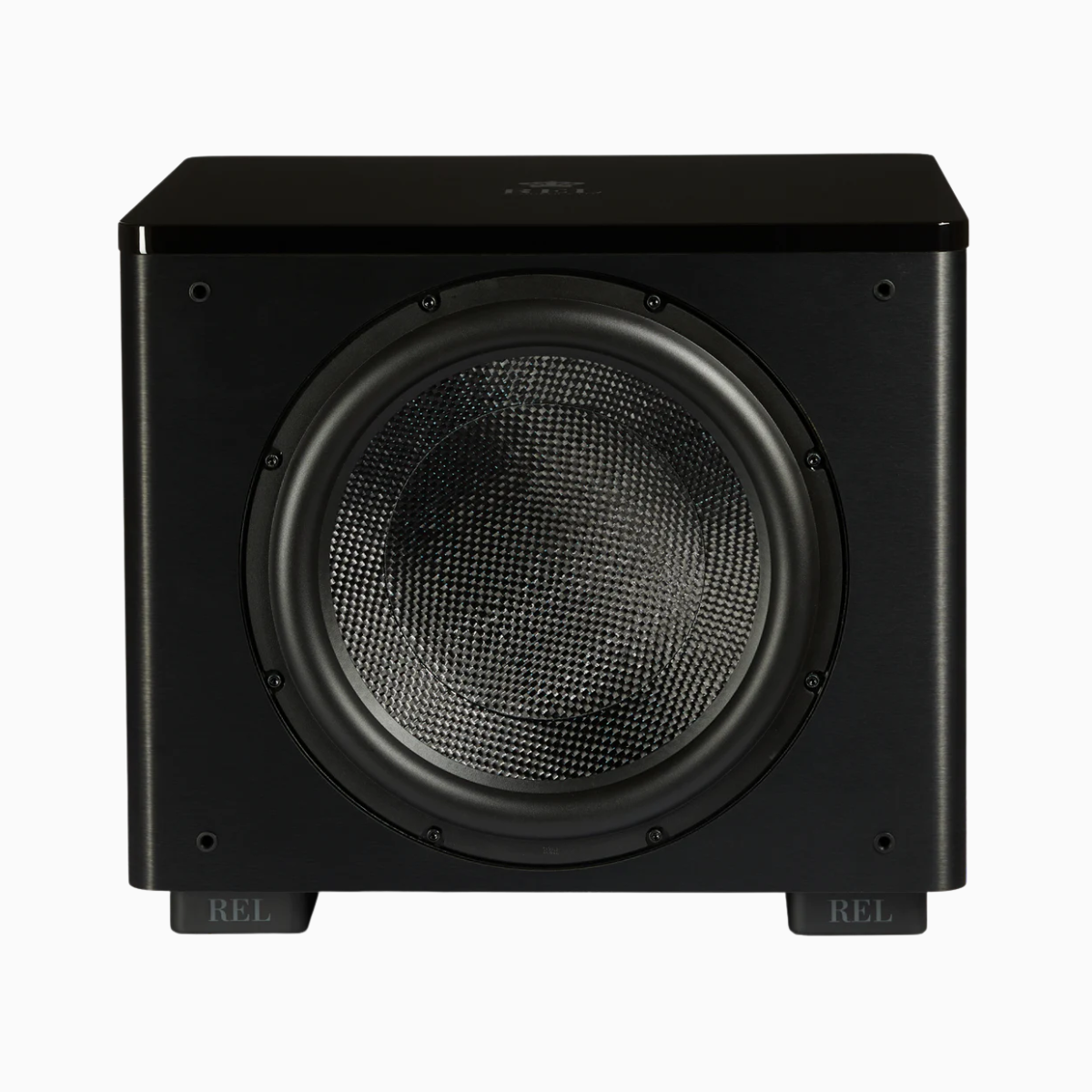Black subwoofer with REL branding on a white background