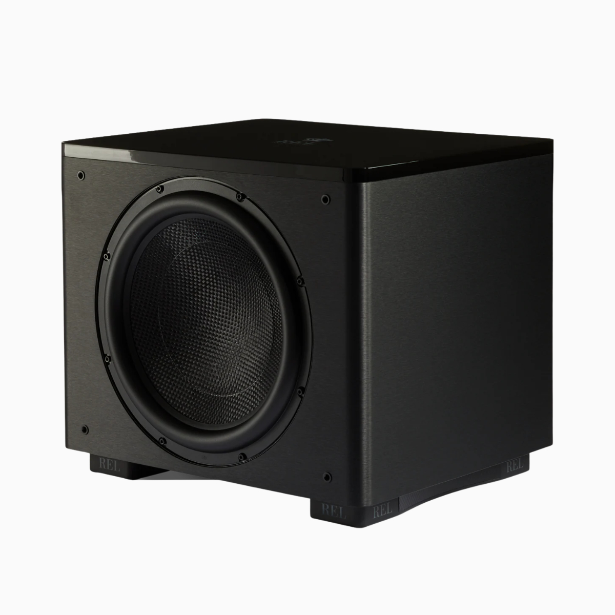 Black subwoofer on a white background