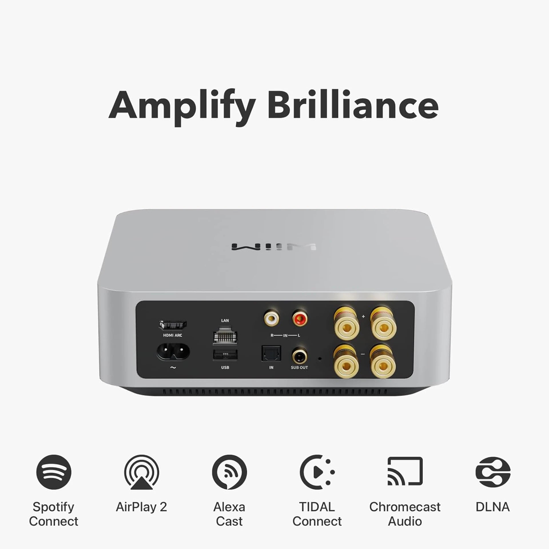Audio amplifier with connectivity options on a white background, featuring the text 'Amplify Brilliance'.