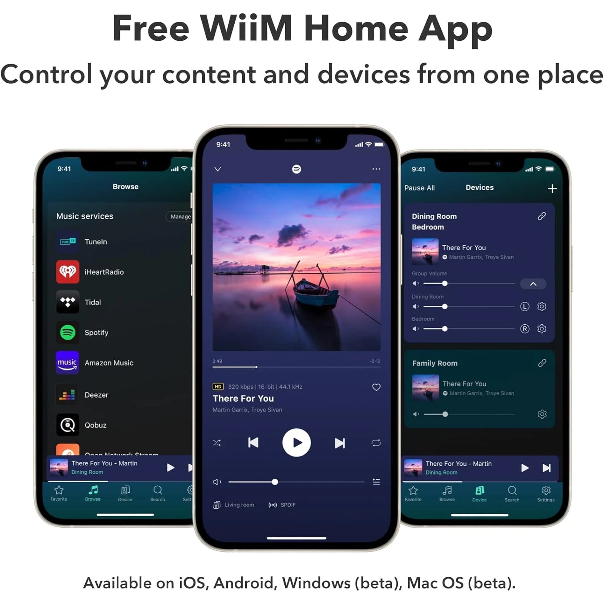 Three smartphone screens displaying the WiiM Home App with different functionalities.