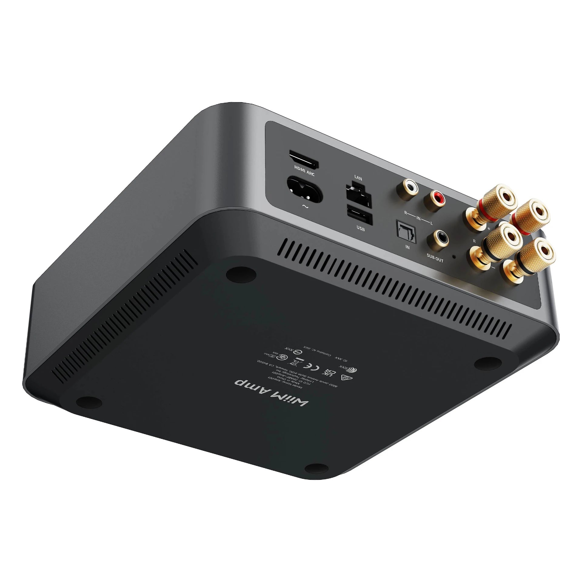 Back view of a black audio amplifier with connectivity ports on a white background