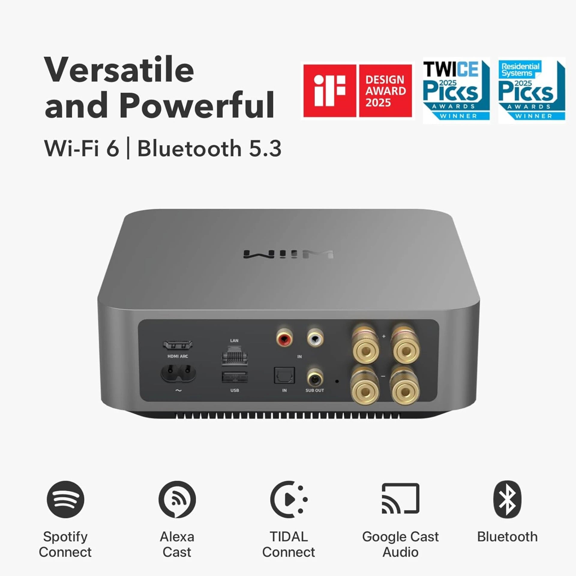 Electronic device with connectivity options on a white background, featuring Wi-Fi 6 and Bluetooth 5.3 branding.