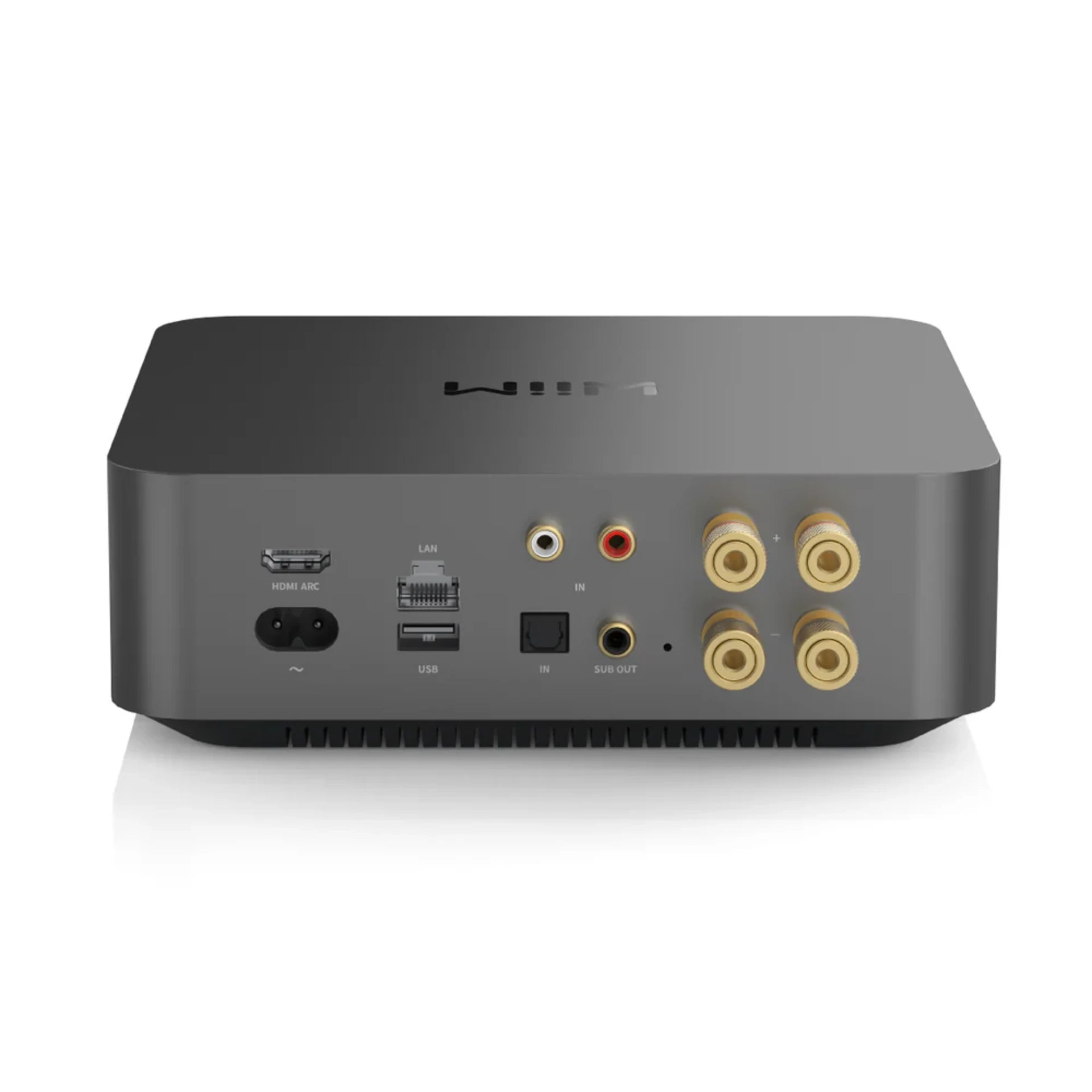 Back view of a gray electronic device with various ports on a white background