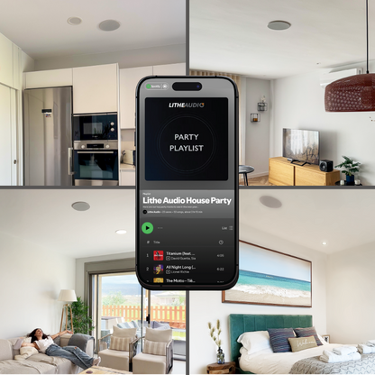 Smartphone displaying 'Lithe Audio' app with a 'Party Playlist' on a modern living room background.