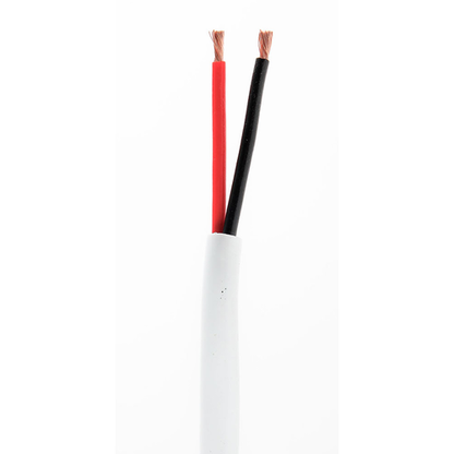 Two wires, one red and one black, protruding from a white cable on a white background.