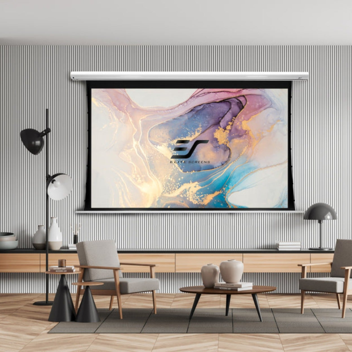 Elite Screens SKT84XHW-E12 Saker Tab-Tension Electric Projection Screen
