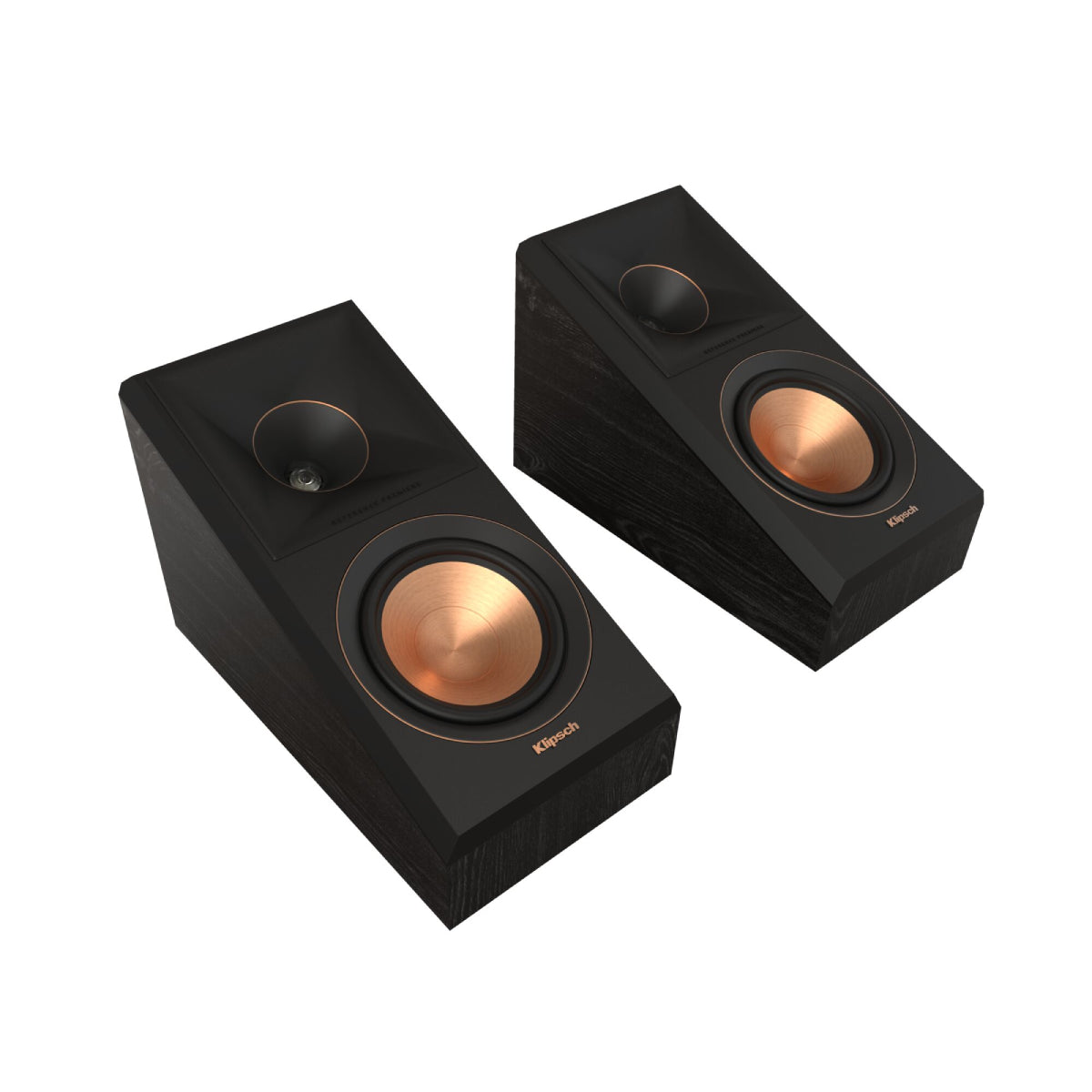 Pair of black speakers with copper accents on a white background