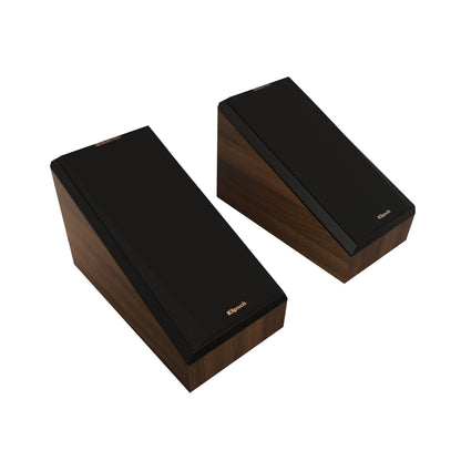 Pair of wooden speakers with black front panels on a white background