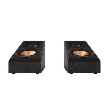 Pair of black speakers with copper cones on a white background