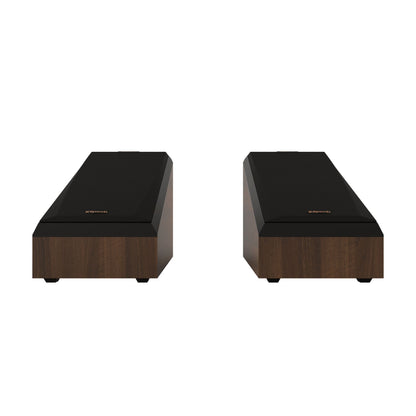 Pair of black and wood-colored speakers on a white background