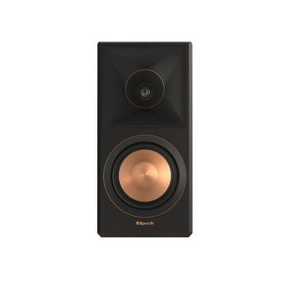 Black Klipsch speaker with bronze cone on a white background