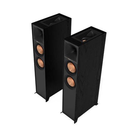 Pair of black floor-standing speakers on a white background