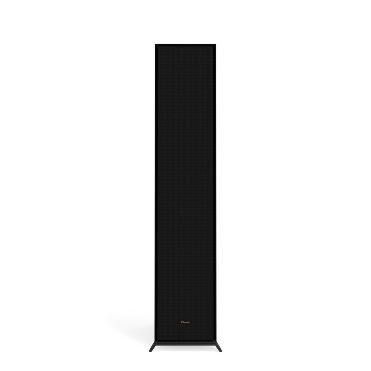 Black floor-standing speaker on a white background