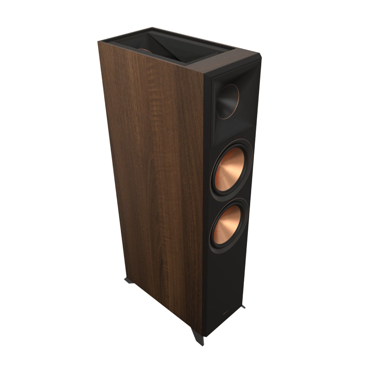 Wooden speaker with black accents on a white background
