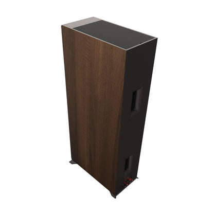 Wooden speaker with black front panel on a white background