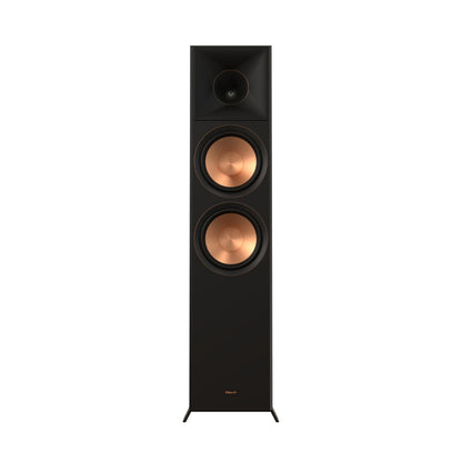 Black and bronze floor-standing speaker on a white background