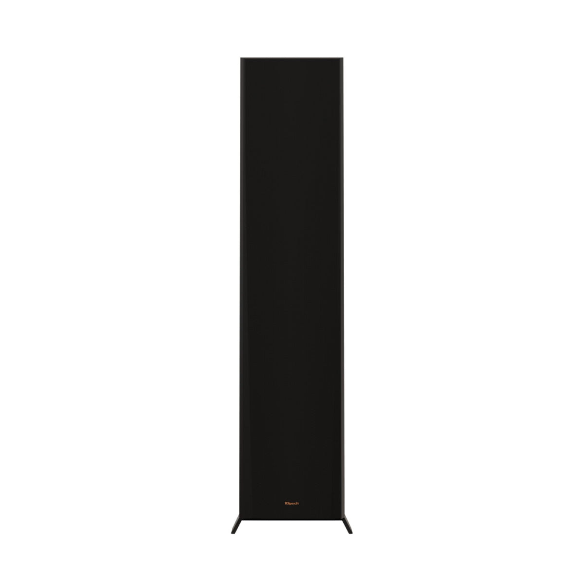 Black floor-standing speaker on a white background