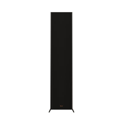 Black floor-standing speaker on a white background