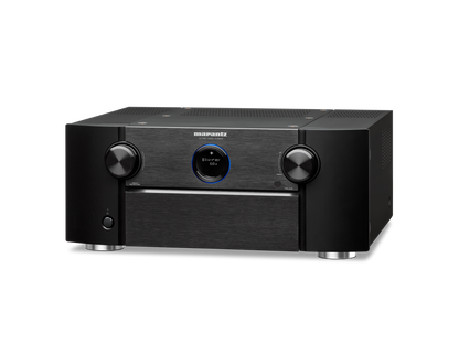 Black audio receiver with Marantz logo on a white background