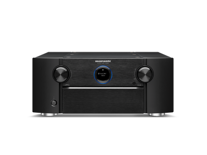 Black audio amplifier with Marantz logo on a white background