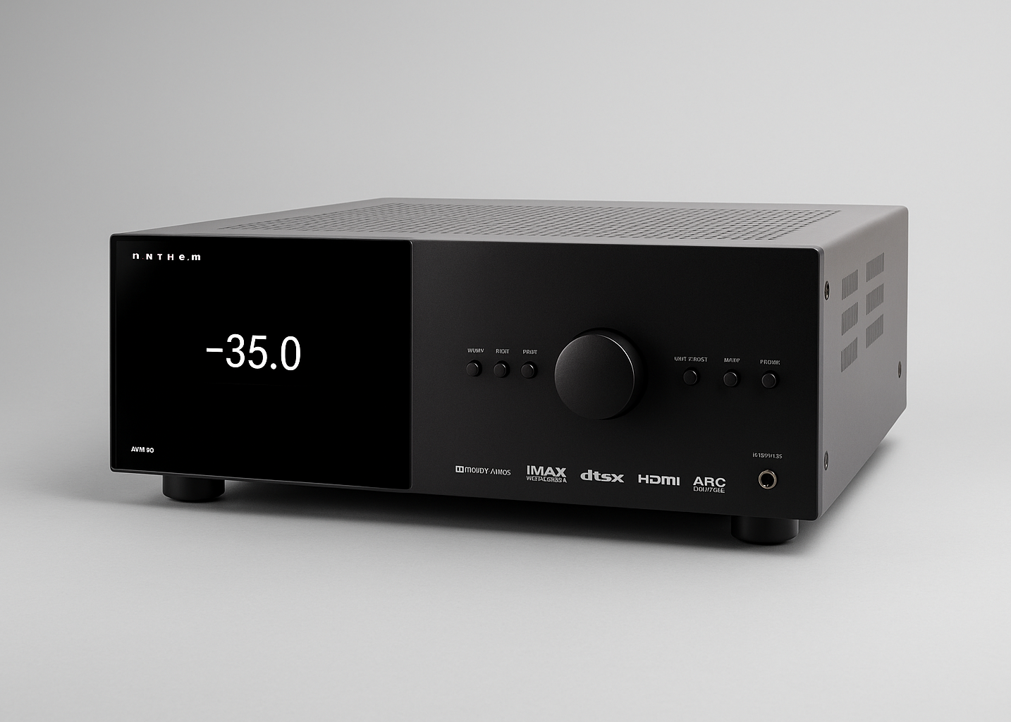 Black audio amplifier with digital display on a gray background