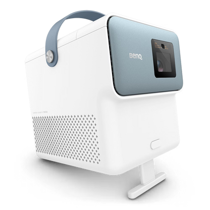 White portable projector with a screen displaying the BenQ logo on a transparent background