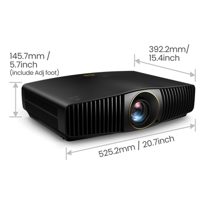 Black projector with lens on a white background