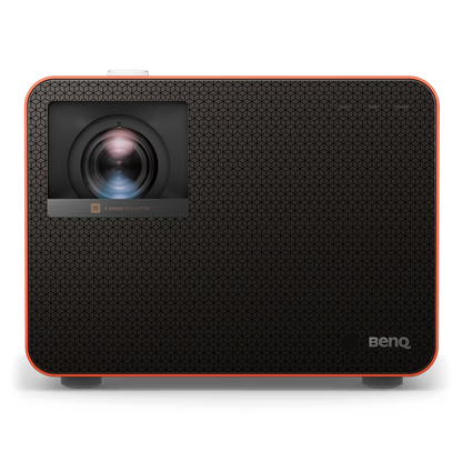 Black and orange BenQ projector on a white background