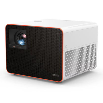 White and black projector with orange accents on a transparent background