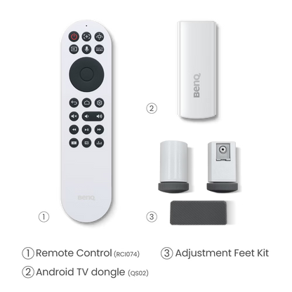 Set of electronic devices including a remote control, speakers, and a small device with BenQ branding on a white background.